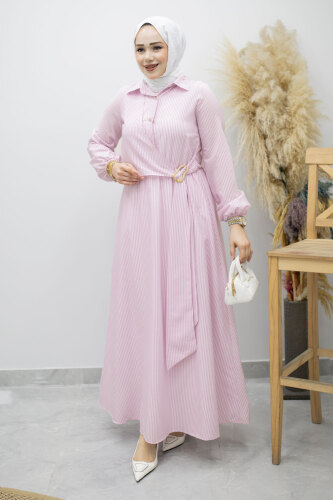 Çizgili Tokalı Gömlek Elbise TSD260196 Lila 