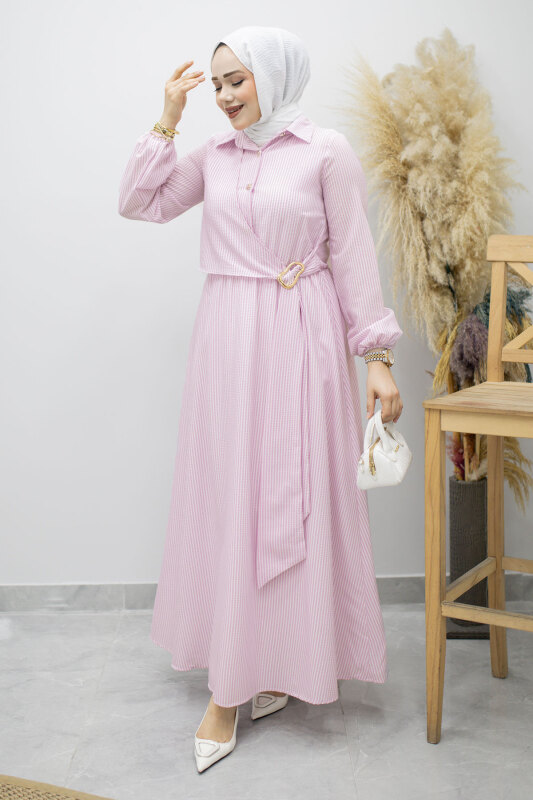 Çizgili Tokalı Gömlek Elbise TSD260196 Lila - 3