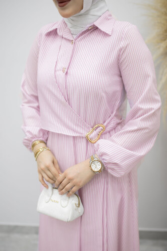 Çizgili Tokalı Gömlek Elbise TSD260196 Lila - 4