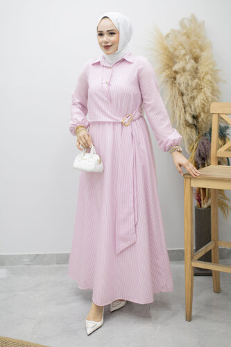 Çizgili Tokalı Gömlek Elbise TSD260196 Lila - 5