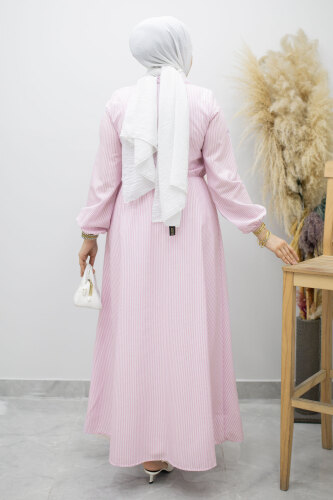 Çizgili Tokalı Gömlek Elbise TSD260196 Lila - 6