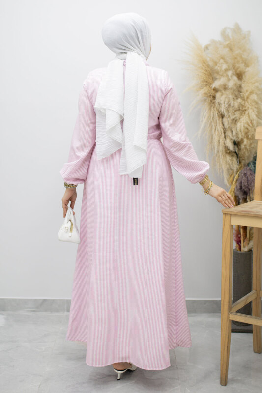 Çizgili Tokalı Gömlek Elbise TSD260196 Lila - 6