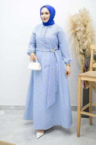 Çizgili Tokalı Gömlek Elbise TSD260196 Mavi 