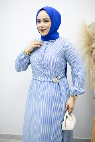 Çizgili Tokalı Gömlek Elbise TSD260196 Mavi - 2