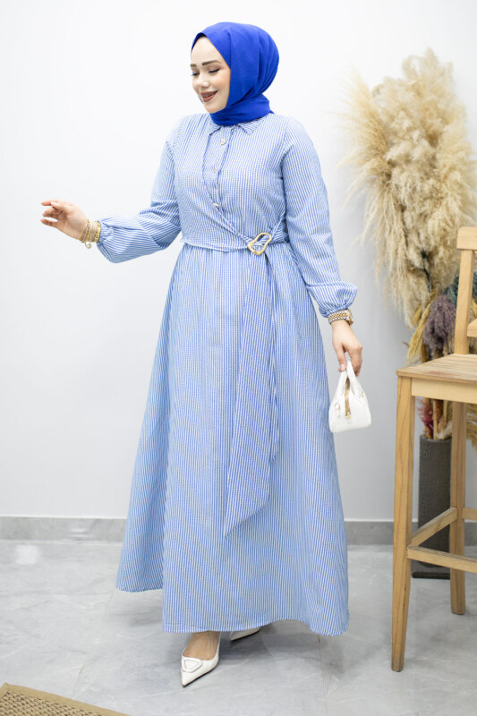 Çizgili Tokalı Gömlek Elbise TSD260196 Mavi - 3