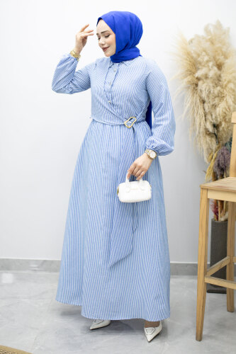Çizgili Tokalı Gömlek Elbise TSD260196 Mavi - 5