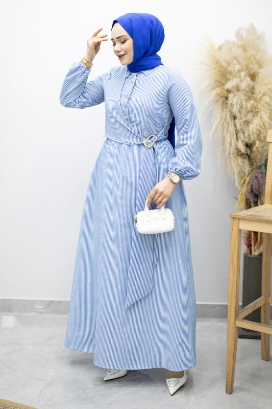 Çizgili Tokalı Gömlek Elbise TSD260196 Mavi - 5