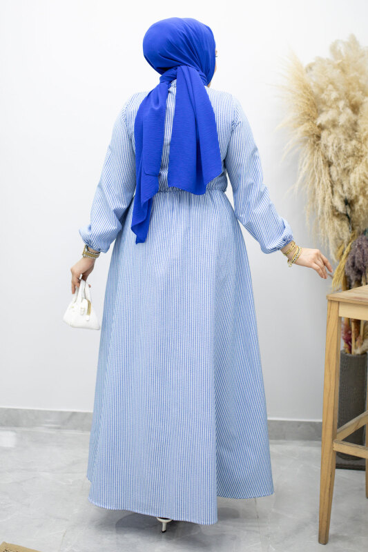 Çizgili Tokalı Gömlek Elbise TSD260196 Mavi - 6