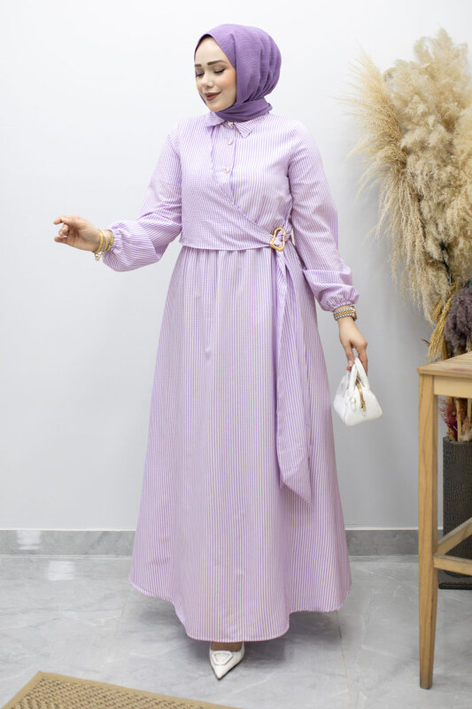 Çizgili Tokalı Gömlek Elbise TSD260196 Mor - Tesettür Dünyası