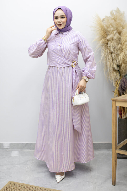 Çizgili Tokalı Gömlek Elbise TSD260196 Mor - 3