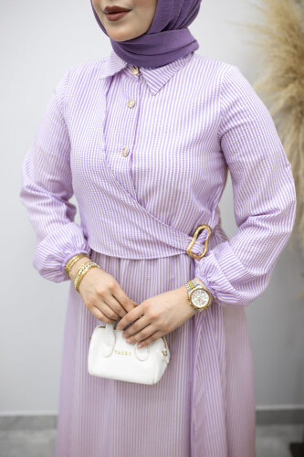 Çizgili Tokalı Gömlek Elbise TSD260196 Mor - 4