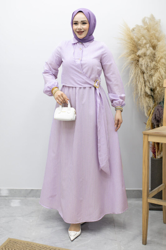 Çizgili Tokalı Gömlek Elbise TSD260196 Mor - 5