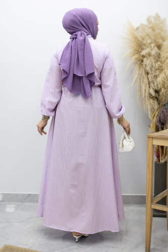 Çizgili Tokalı Gömlek Elbise TSD260196 Mor - 6