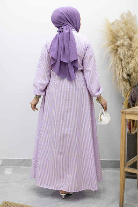 Çizgili Tokalı Gömlek Elbise TSD260196 Mor - 6