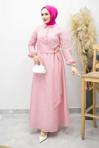 Çizgili Tokalı Gömlek Elbise TSD260196 Pembe - 1