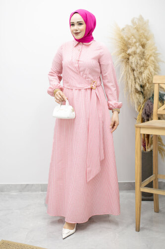 Çizgili Tokalı Gömlek Elbise TSD260196 Pembe - 3