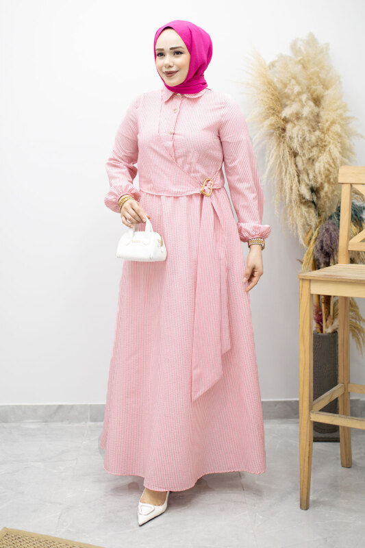 Çizgili Tokalı Gömlek Elbise TSD260196 Pembe - 3