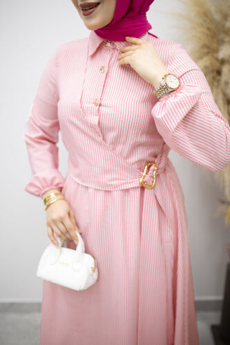 Çizgili Tokalı Gömlek Elbise TSD260196 Pembe - 4