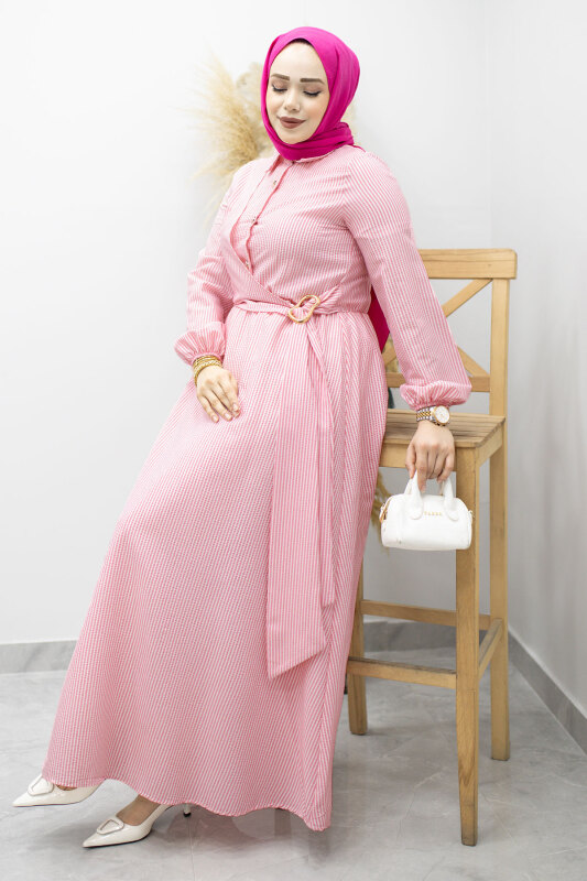Çizgili Tokalı Gömlek Elbise TSD260196 Pembe - 5