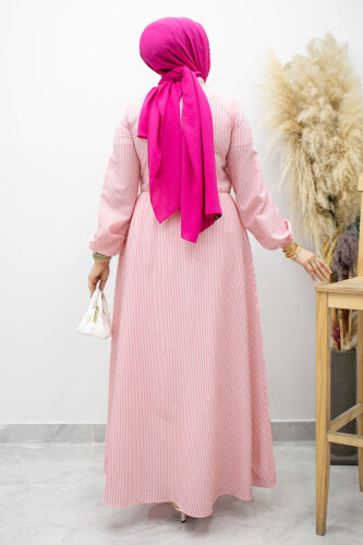 Çizgili Tokalı Gömlek Elbise TSD260196 Pembe - 6
