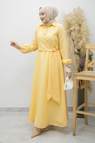 Çizgili Tokalı Gömlek Elbise TSD260196 Sarı 