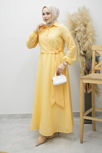 Çizgili Tokalı Gömlek Elbise TSD260196 Sarı - 3