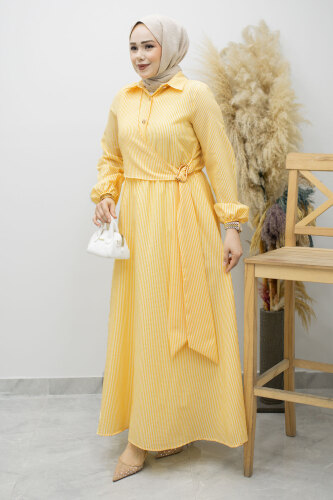 Çizgili Tokalı Gömlek Elbise TSD260196 Sarı - 5