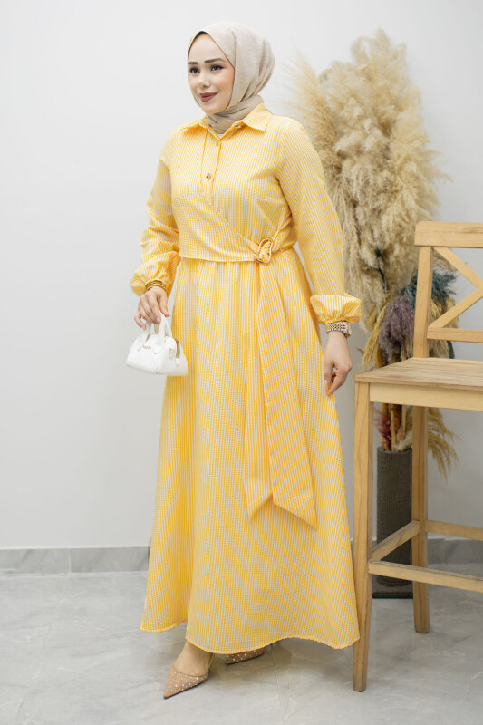 Çizgili Tokalı Gömlek Elbise TSD260196 Sarı - 5