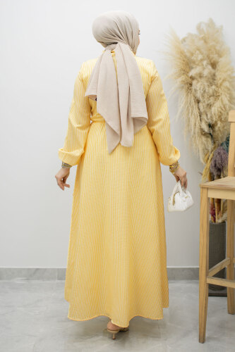 Çizgili Tokalı Gömlek Elbise TSD260196 Sarı - 6