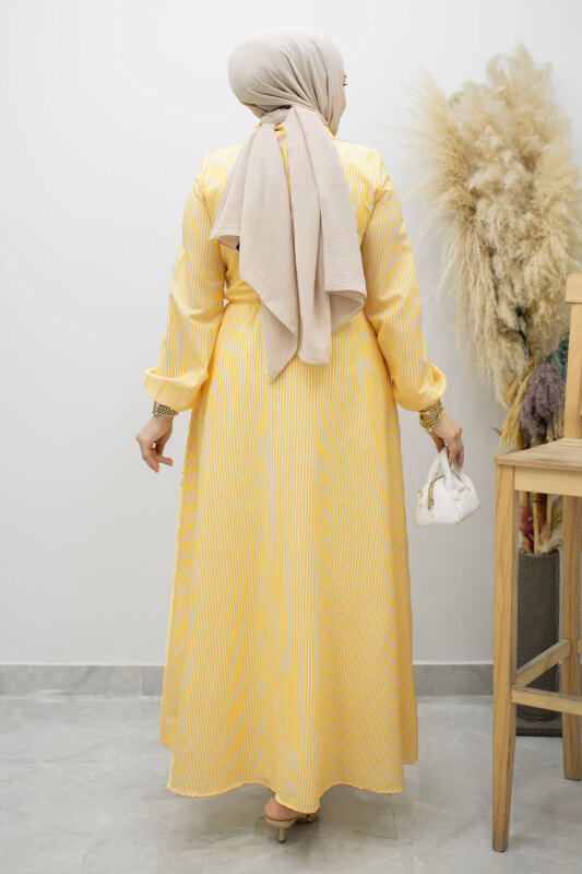 Çizgili Tokalı Gömlek Elbise TSD260196 Sarı - 6