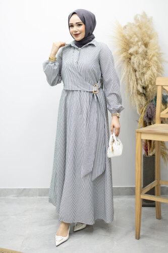 Çizgili Tokalı Gömlek Elbise TSD260196 Siyah 