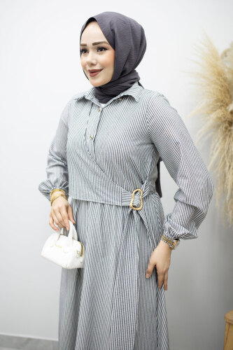 Çizgili Tokalı Gömlek Elbise TSD260196 Siyah - 2