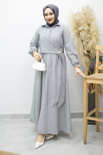 Çizgili Tokalı Gömlek Elbise TSD260196 Siyah - 3