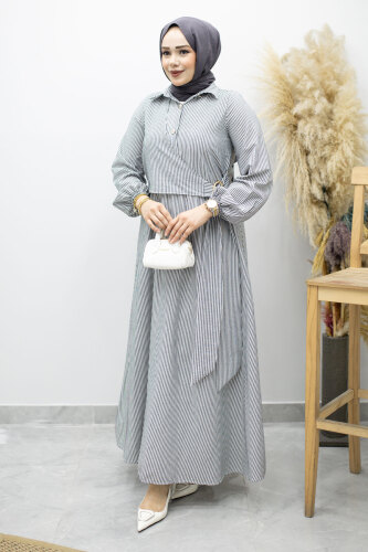 Çizgili Tokalı Gömlek Elbise TSD260196 Siyah - 5