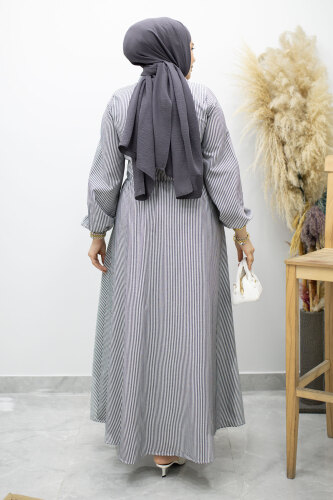 Çizgili Tokalı Gömlek Elbise TSD260196 Siyah - 6