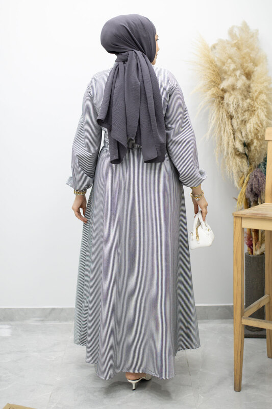 Çizgili Tokalı Gömlek Elbise TSD260196 Siyah - 6