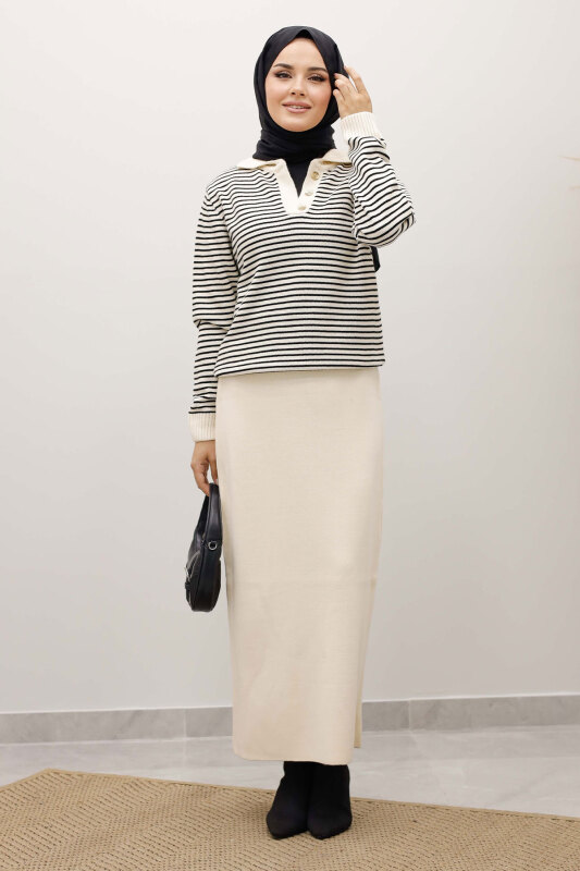 Çizgili Triko Kazak TSD250241 Bej - Tesettür Dünyası