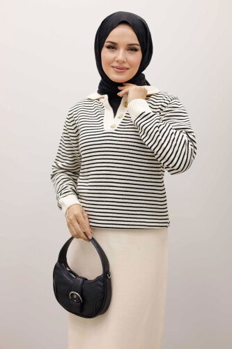 Çizgili Triko Kazak TSD250241 Bej - 2