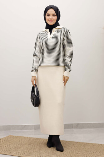 Çizgili Triko Kazak TSD250241 Bej - 3
