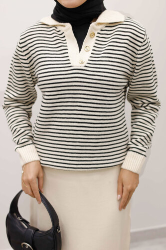 Çizgili Triko Kazak TSD250241 Bej - 4