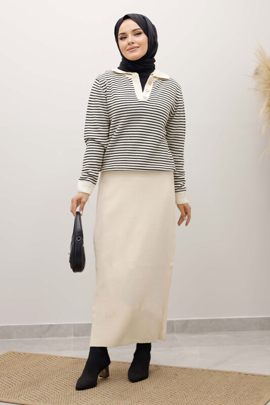 Çizgili Triko Kazak TSD250241 Bej - 5