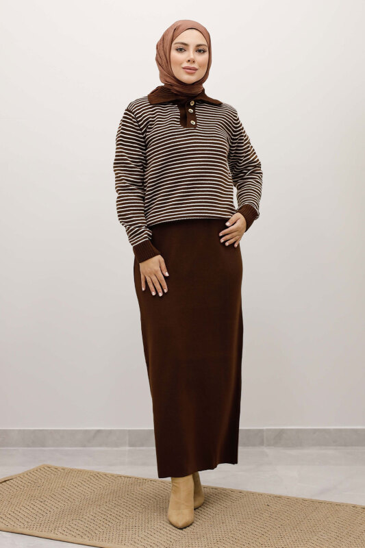 Çizgili Triko Kazak TSD250241 Kahverengi - 3