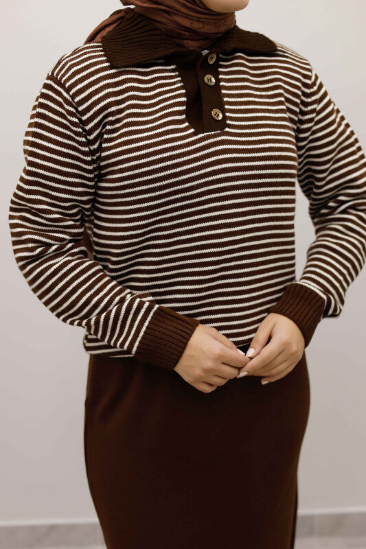 Çizgili Triko Kazak TSD250241 Kahverengi - 4