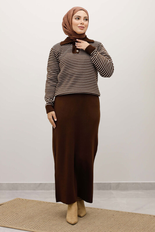 Çizgili Triko Kazak TSD250241 Kahverengi - 5