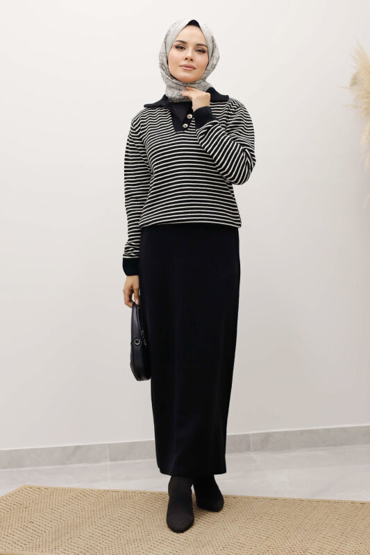 Çizgili Triko Kazak TSD250241 Siyah - Tesettür Dünyası