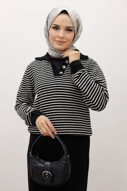 Çizgili Triko Kazak TSD250241 Siyah - Tesettür Dünyası (1)