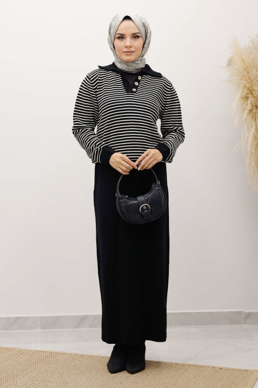Çizgili Triko Kazak TSD250241 Siyah - 3