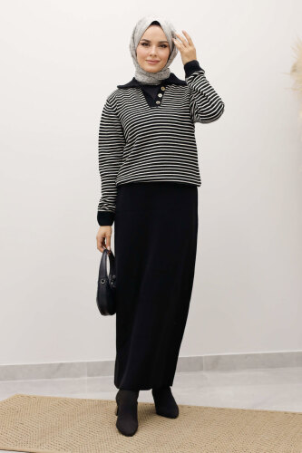 Çizgili Triko Kazak TSD250241 Siyah - 5