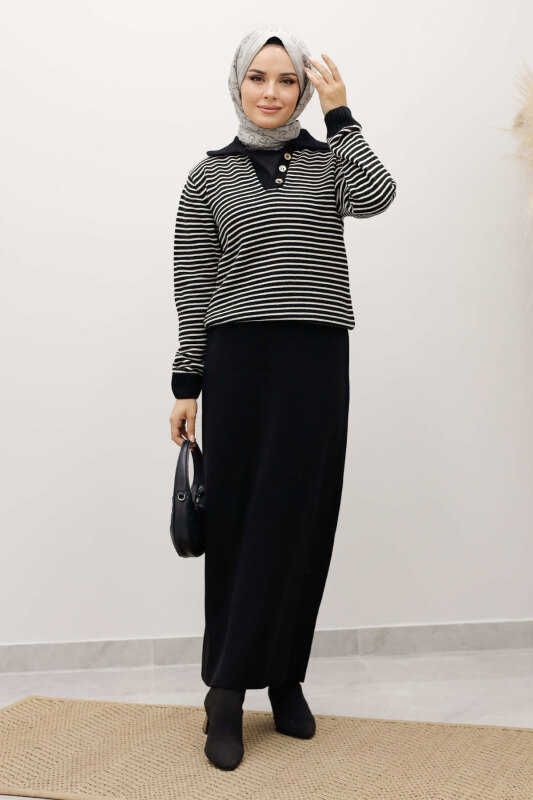 Çizgili Triko Kazak TSD250241 Siyah - 5