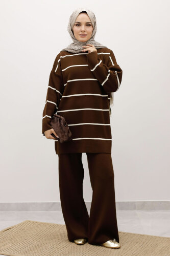 Çizgili Triko Takım TSD240721 Acı Kahve - 1